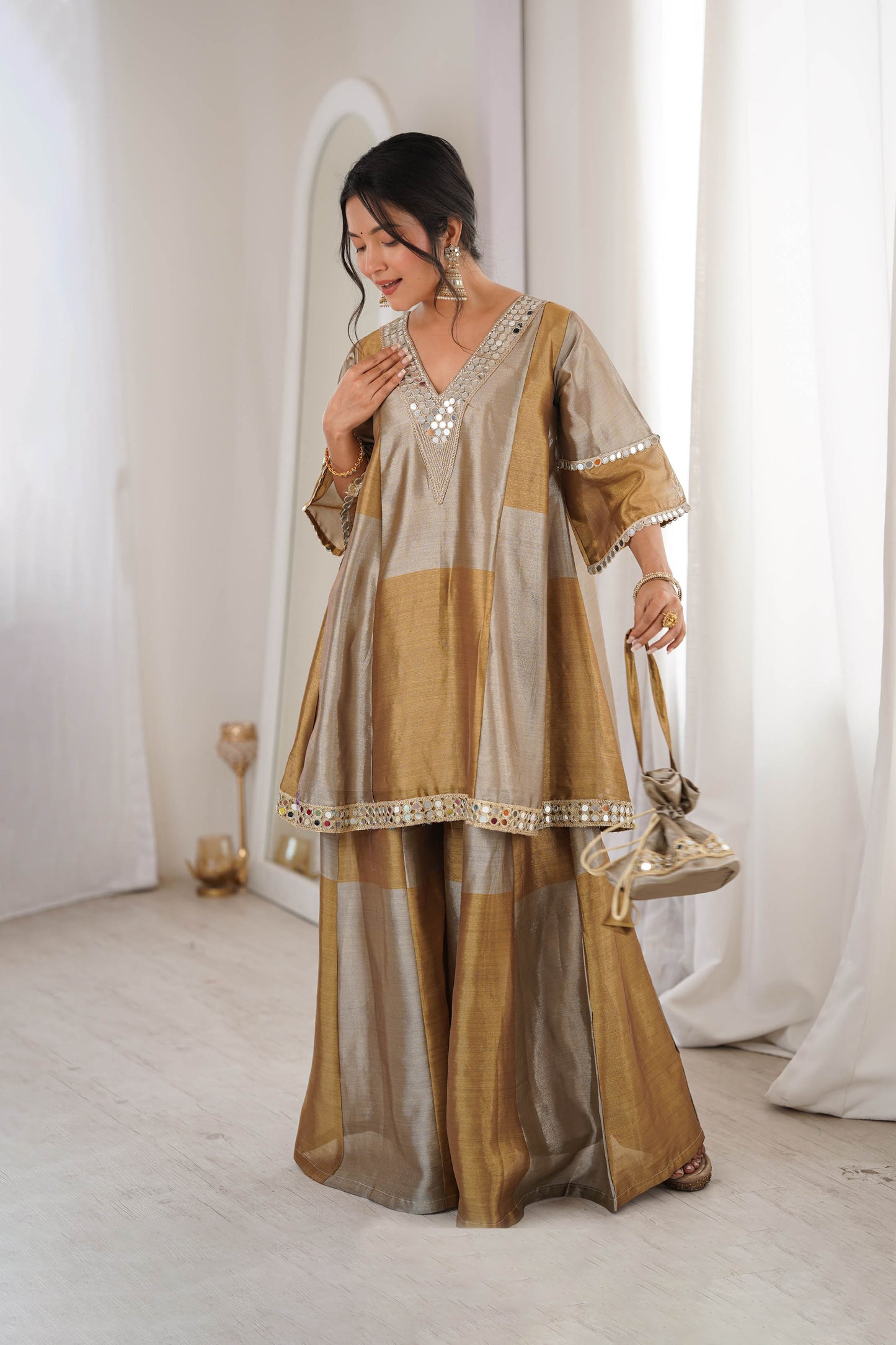 Tavishi Golden Two-Tone Tissue Mirror Work Sharara Suit Set