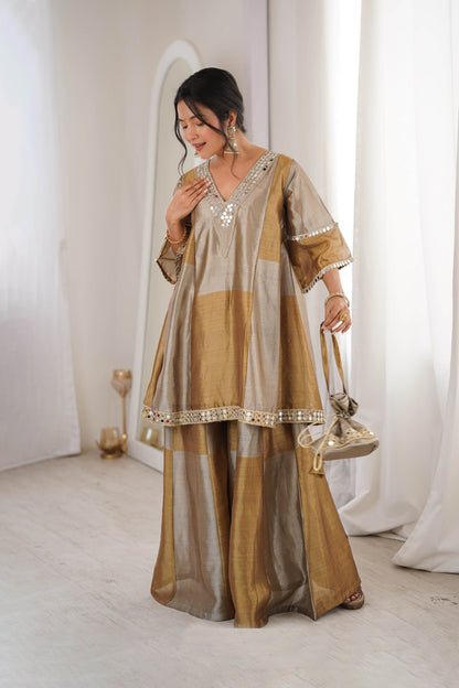 Tavishi Golden Two-Tone Tissue Mirror Work Sharara Suit Set