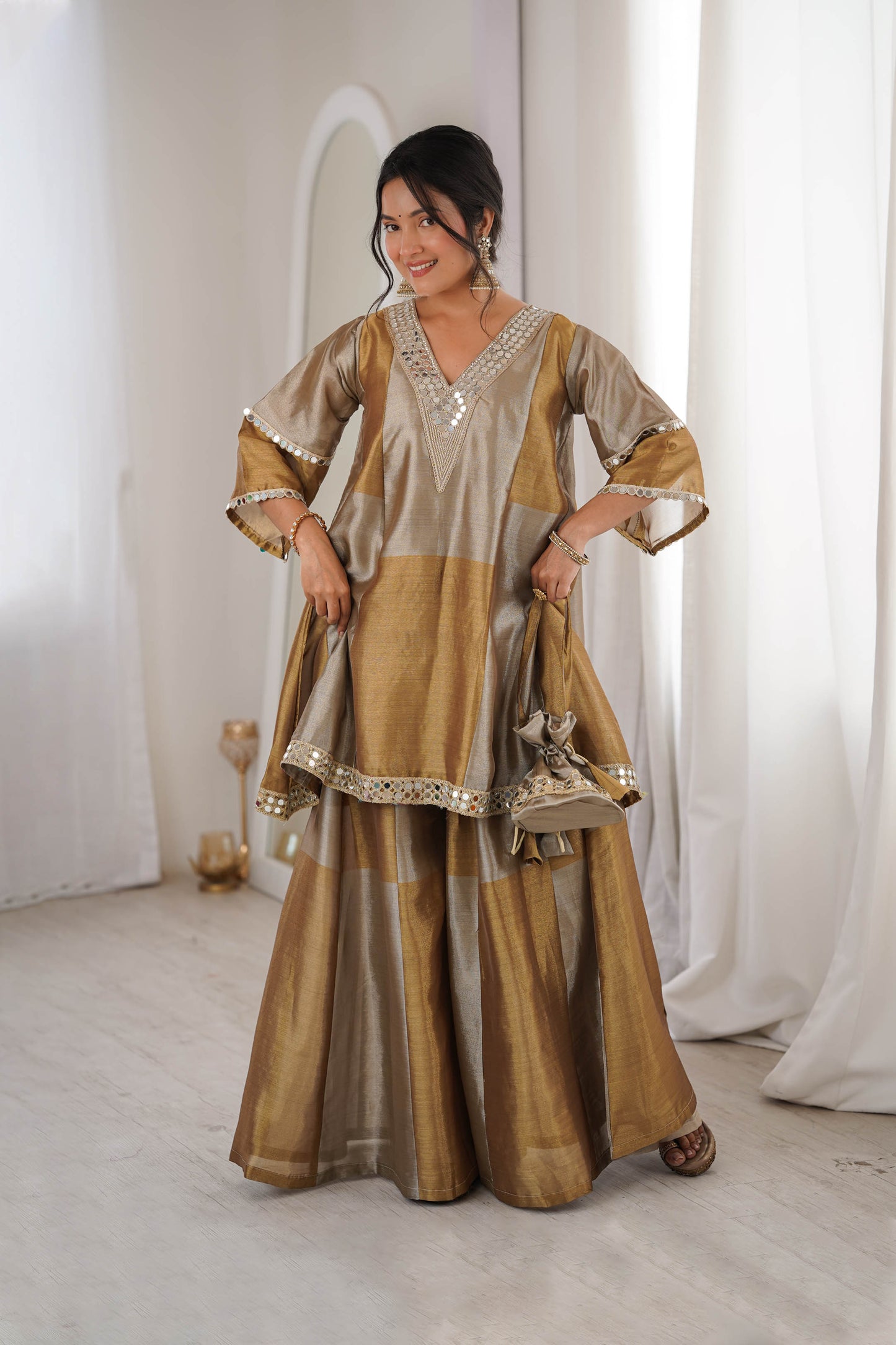 Tavishi Golden Two-Tone Tissue Mirror Work Sharara Suit Set