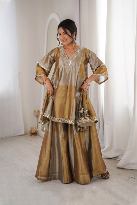 Tavishi Golden Two-Tone Tissue Mirror Work Sharara Suit Set