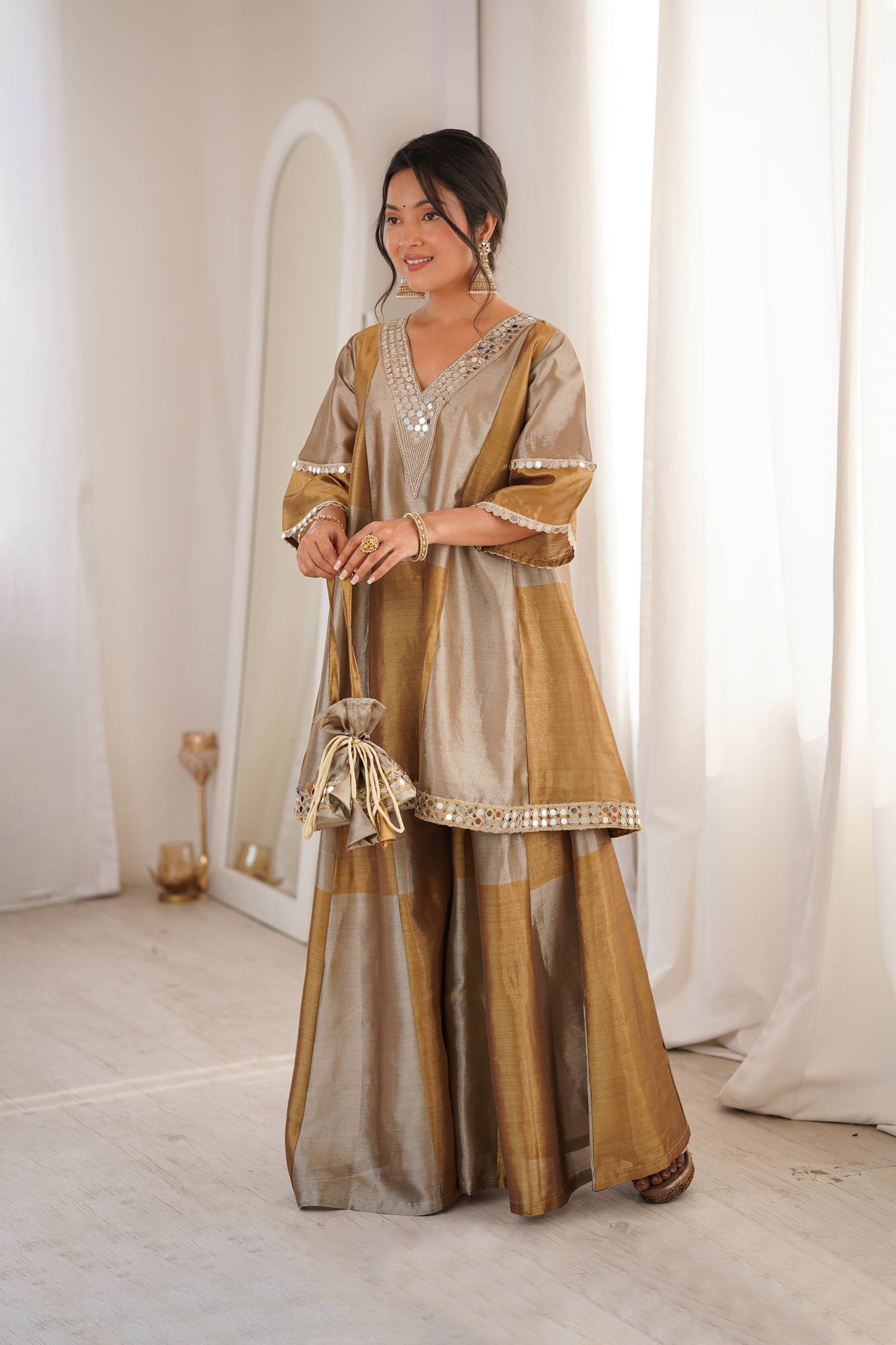 Tavishi Golden Two-Tone Tissue Mirror Work Sharara Suit Set