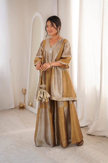Tavishi Golden Two-Tone Tissue Mirror Work Sharara Suit Set