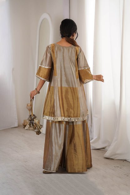 Tavishi Golden Two-Tone Tissue Mirror Work Sharara Suit Set