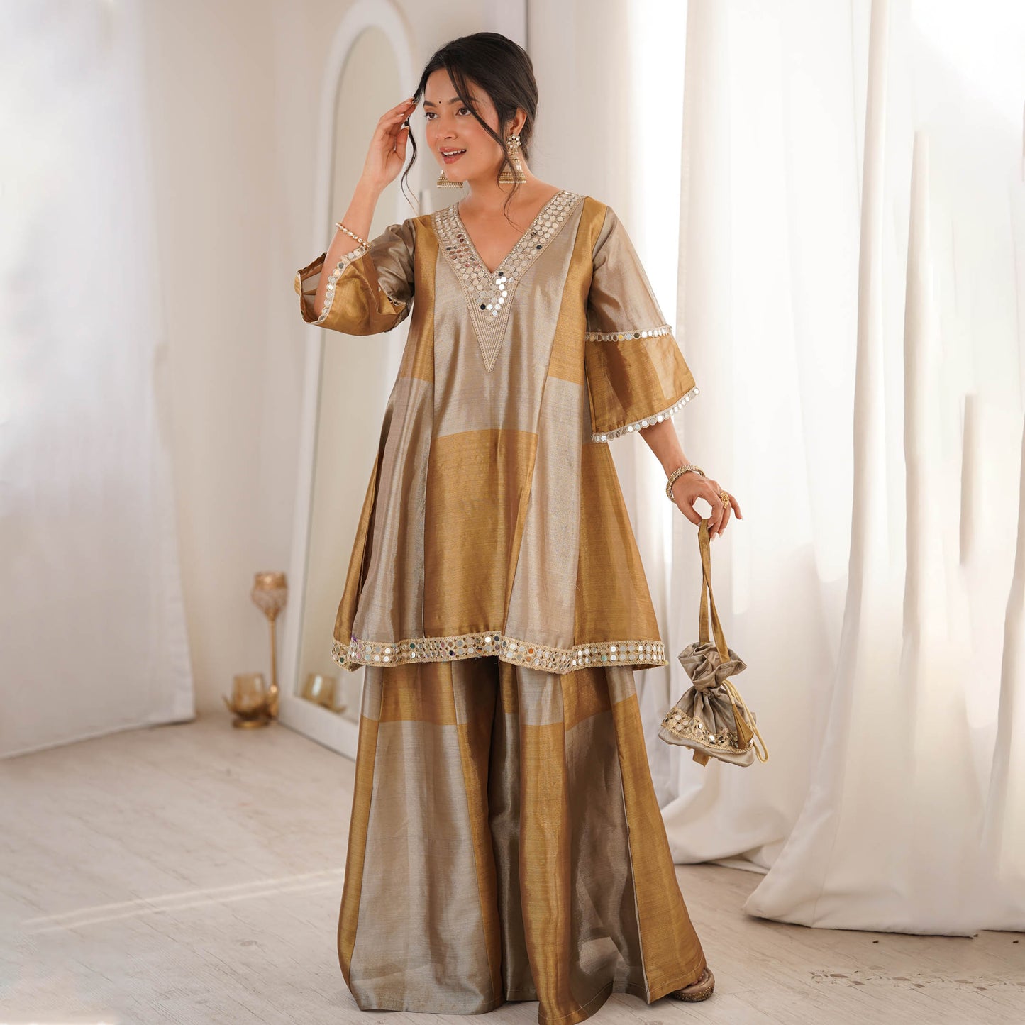 Tavishi Golden Two-Tone Tissue Mirror Work Sharara Suit Set