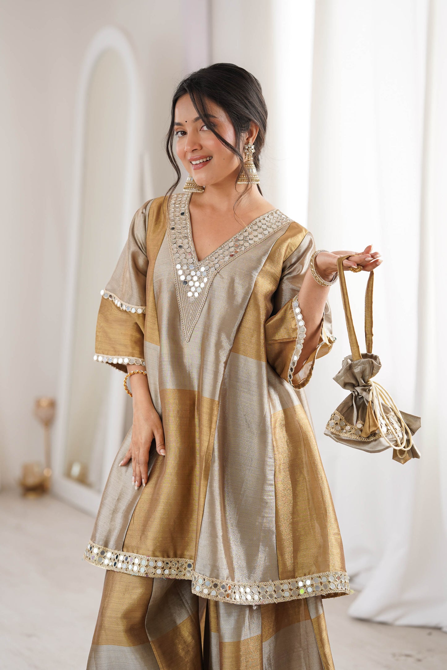 Tavishi Golden Two-Tone Tissue Mirror Work Sharara Suit Set