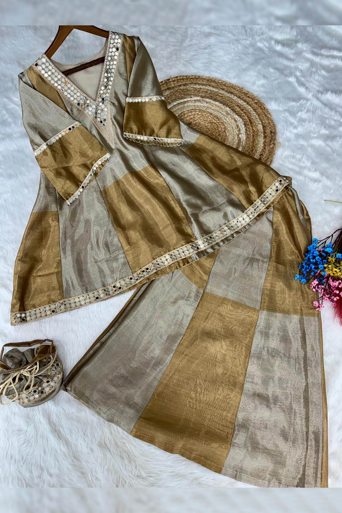Tavishi Golden Two-Tone Tissue Mirror Work Sharara Suit Set