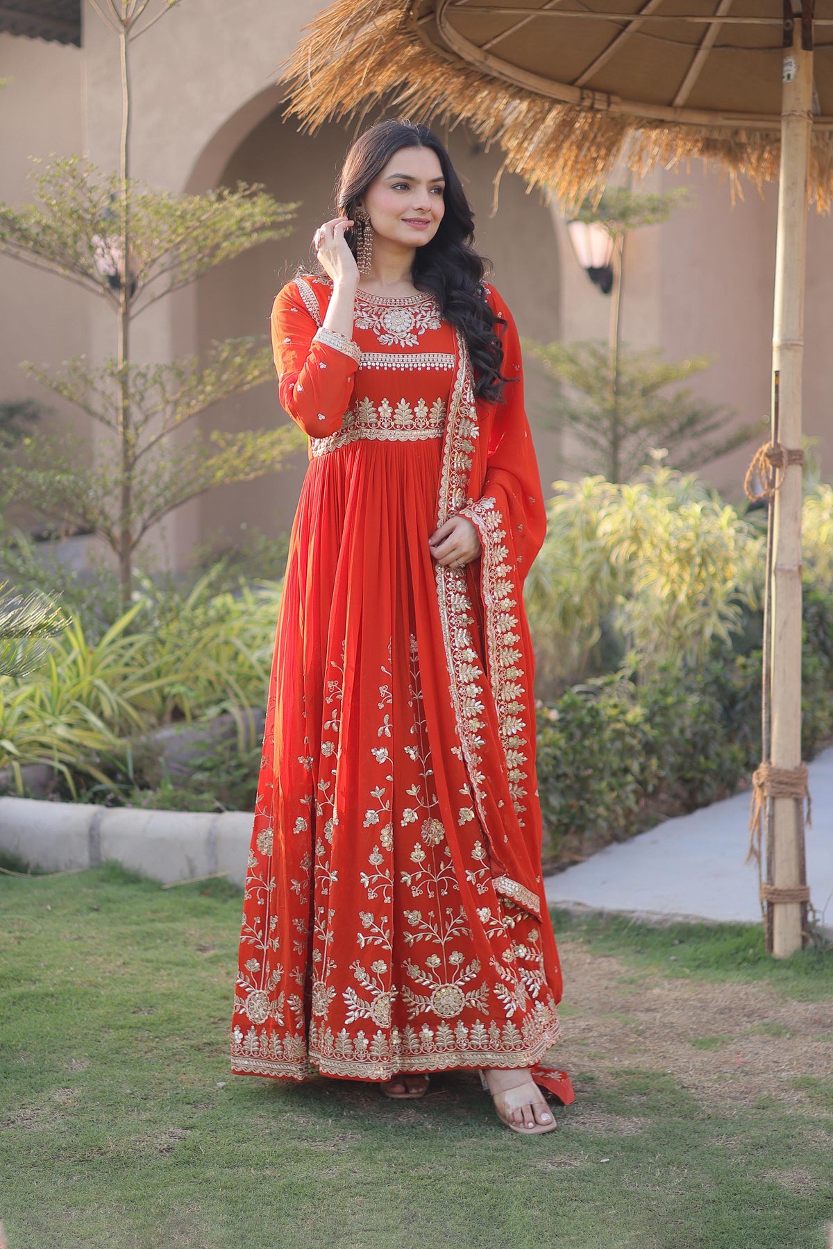 Meherzaan Fanta Orange Star Georgette Gown Set