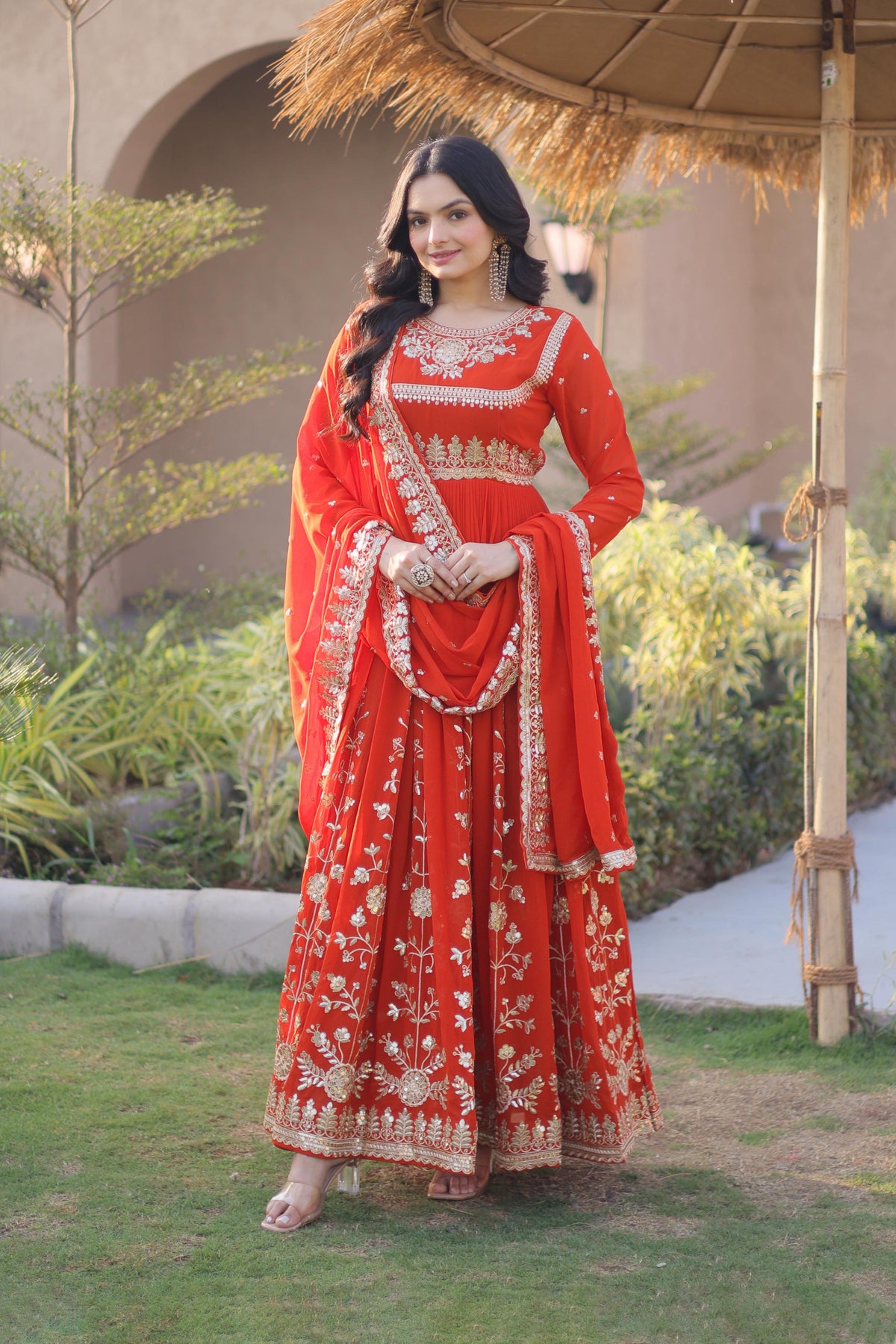 Meherzaan Fanta Orange Star Georgette Gown Set