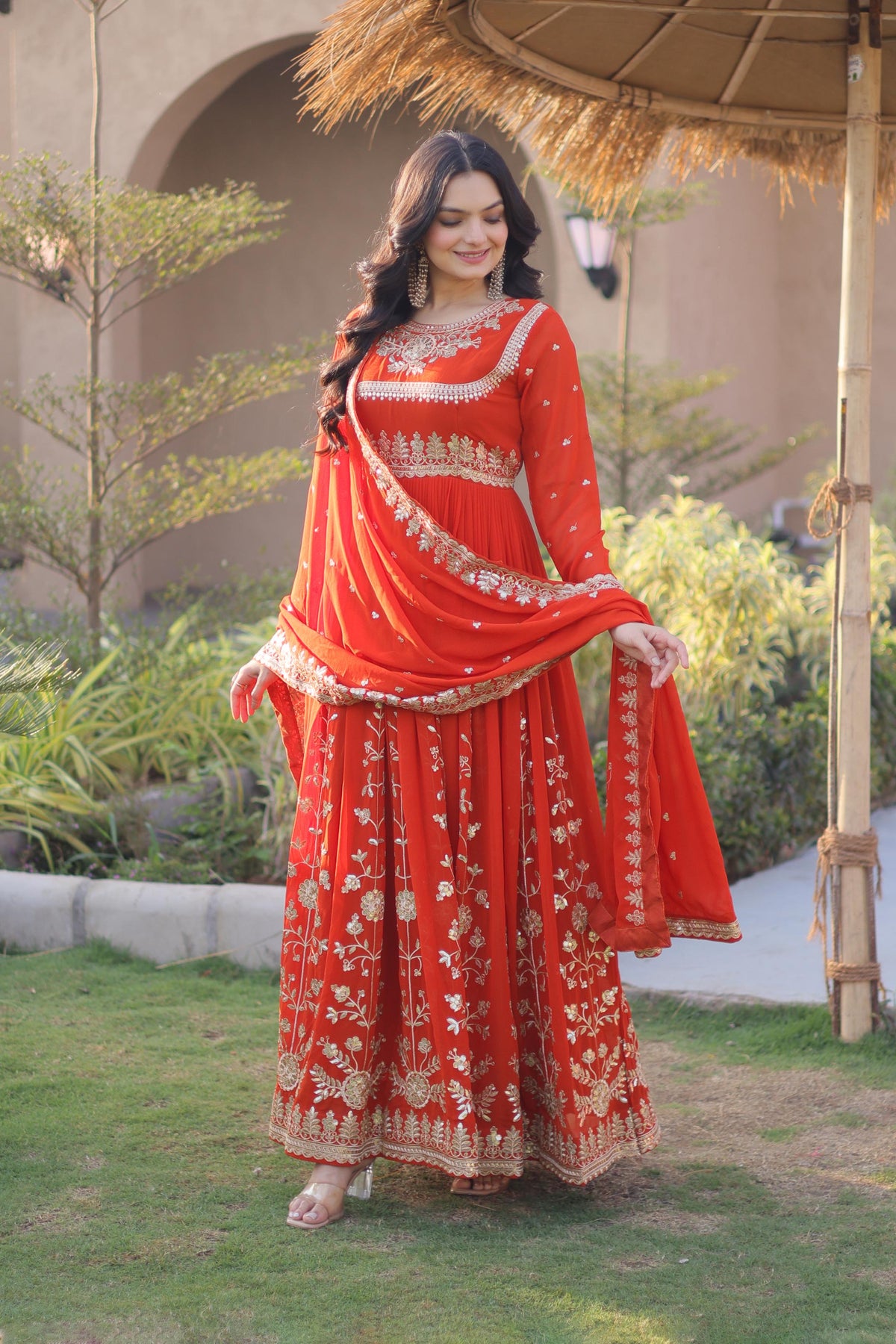 Meherzaan Fanta Orange Star Georgette Gown Set