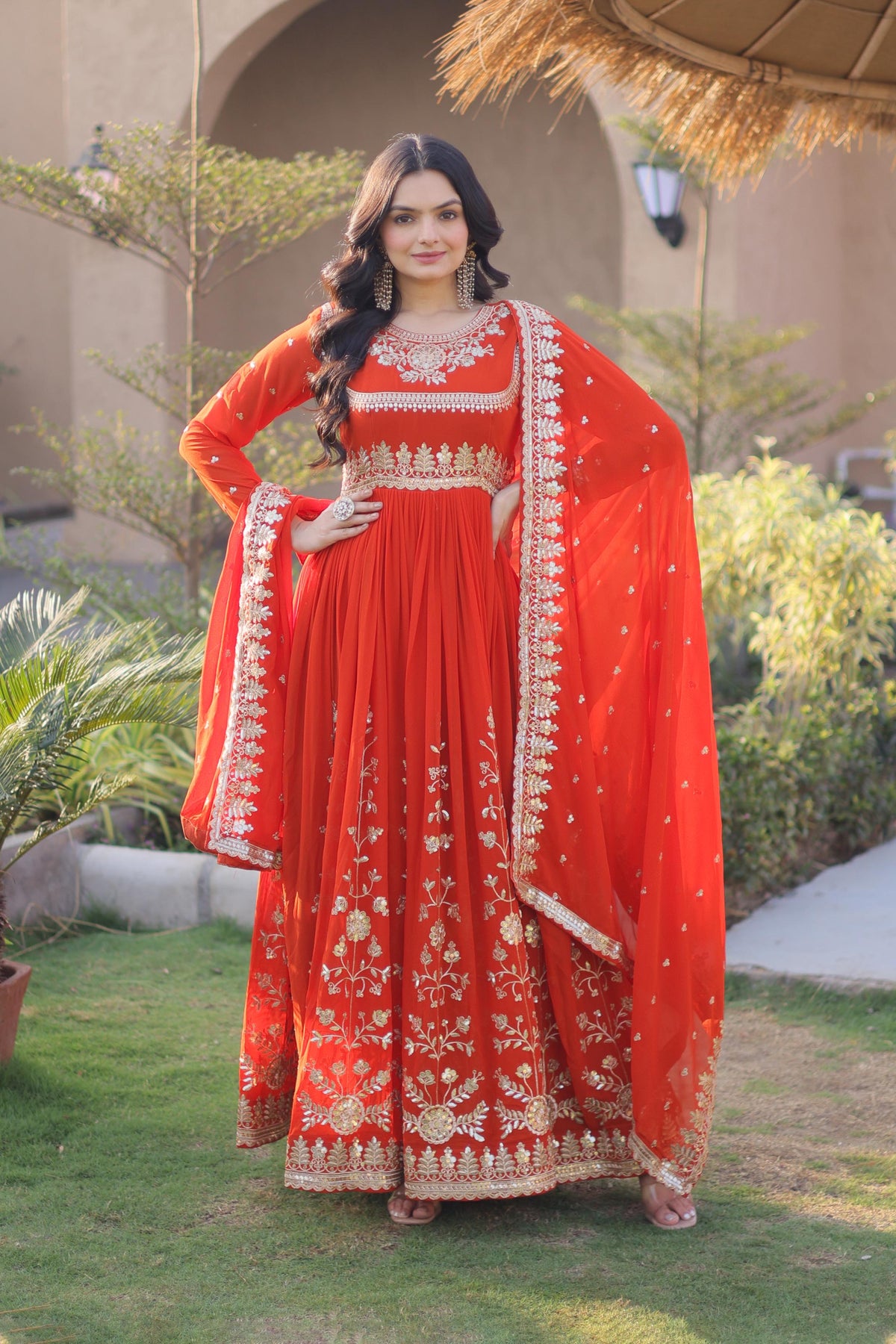 Meherzaan Fanta Orange Star Georgette Gown Set