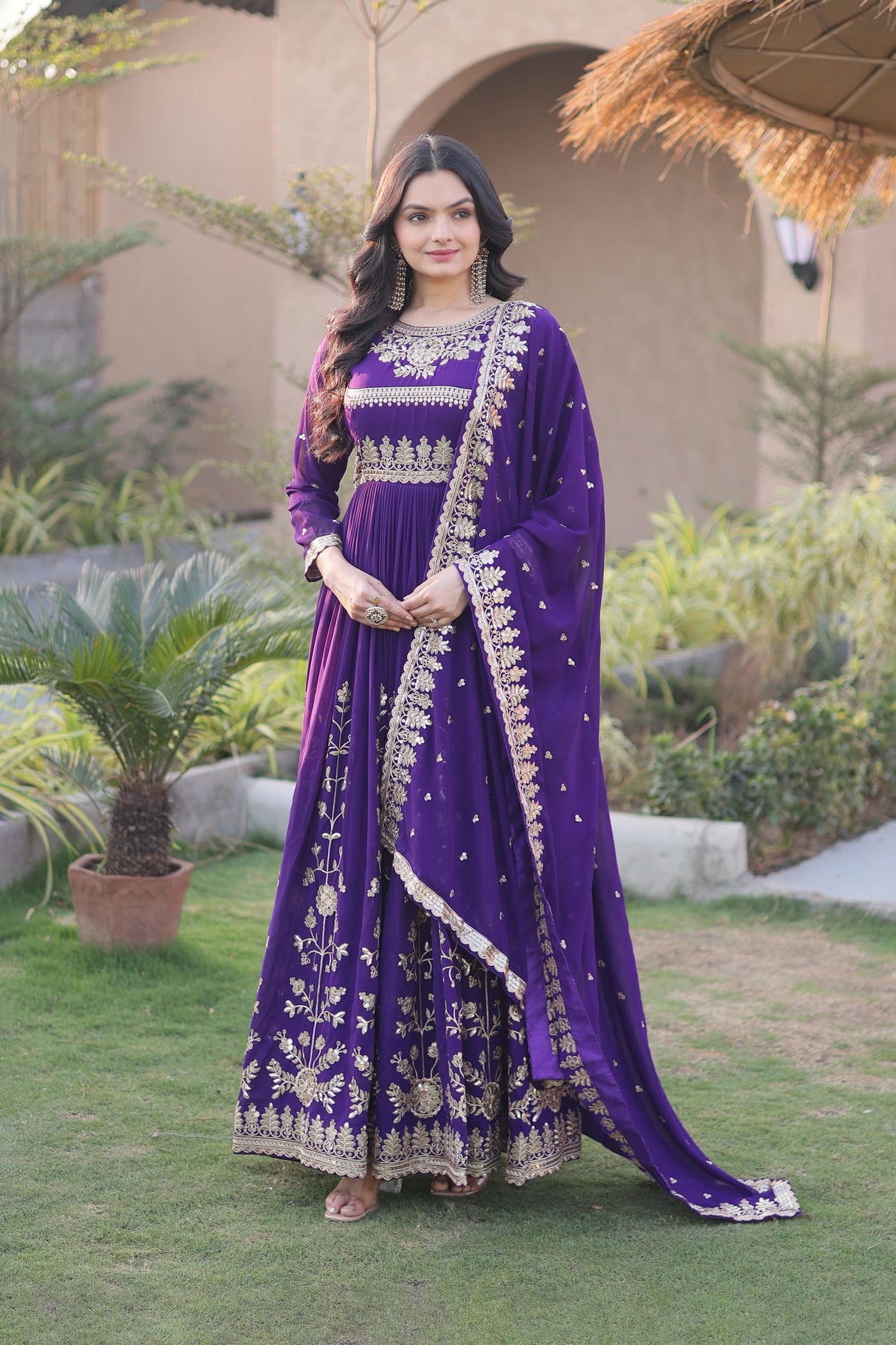 Meherzaan Purple Star Georgette Gown Set