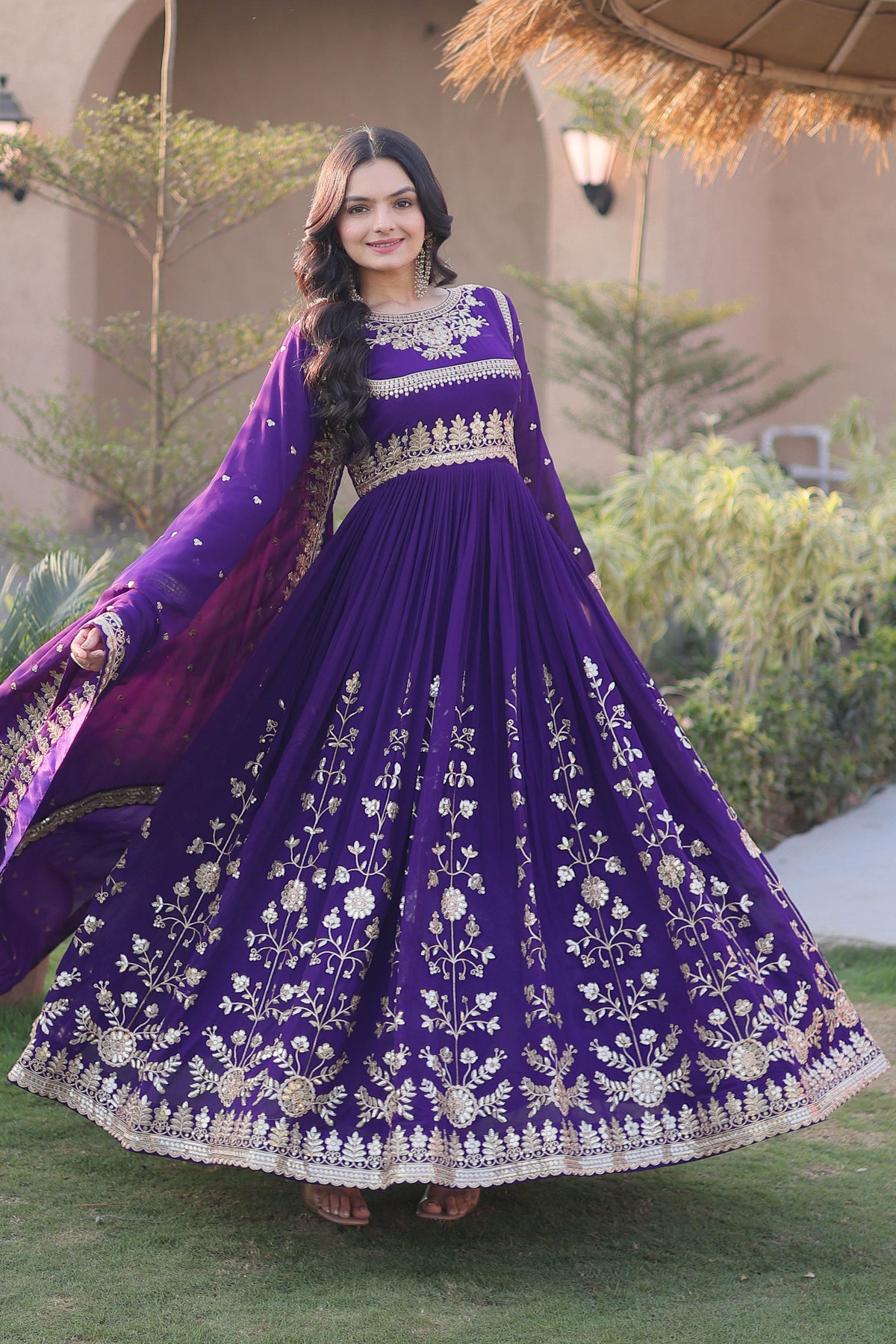 Meherzaan Purple Star Georgette Gown Set