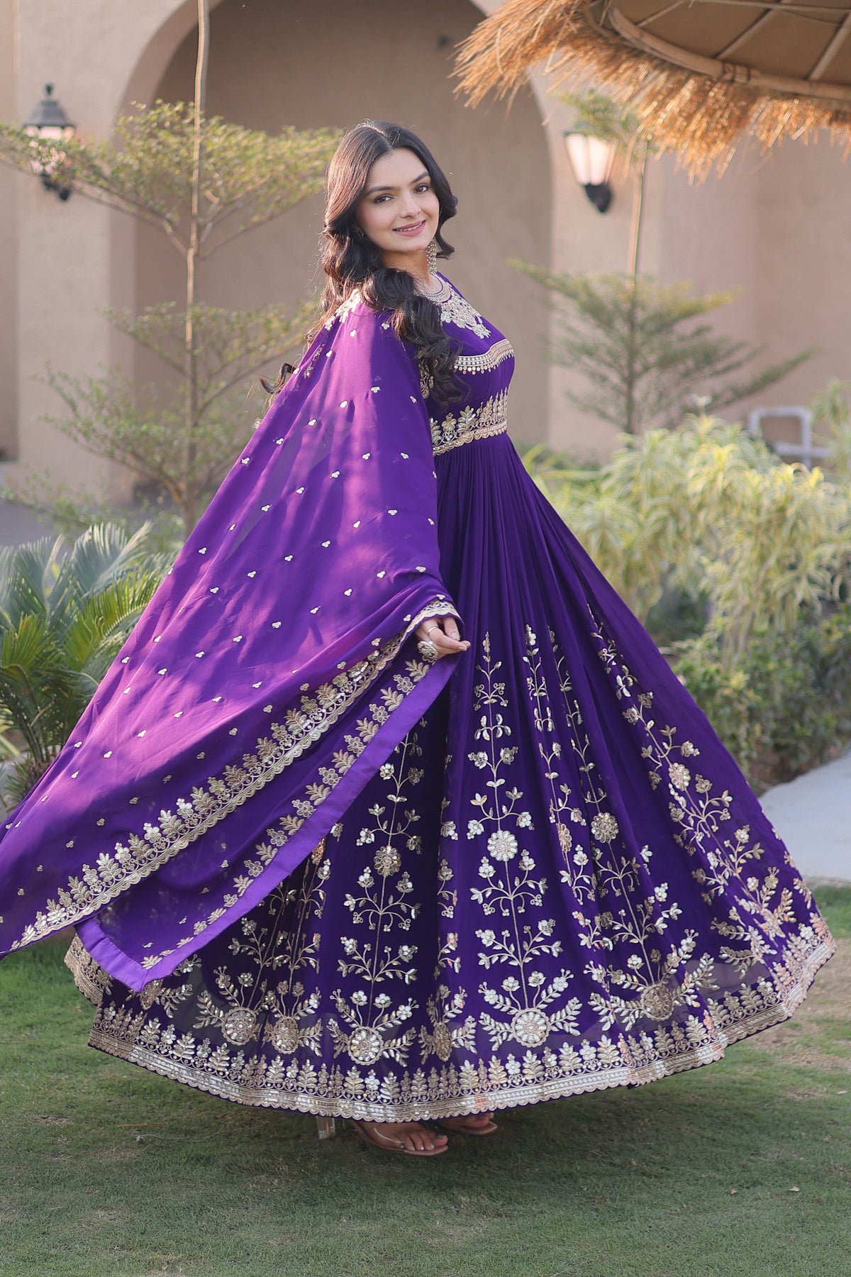 Meherzaan Purple Star Georgette Gown Set
