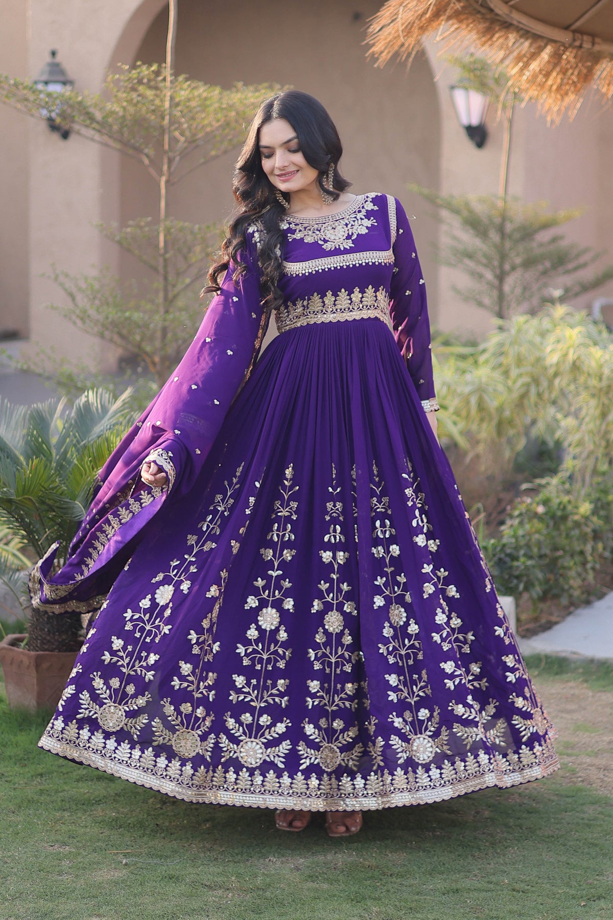 Meherzaan Purple Star Georgette Gown Set