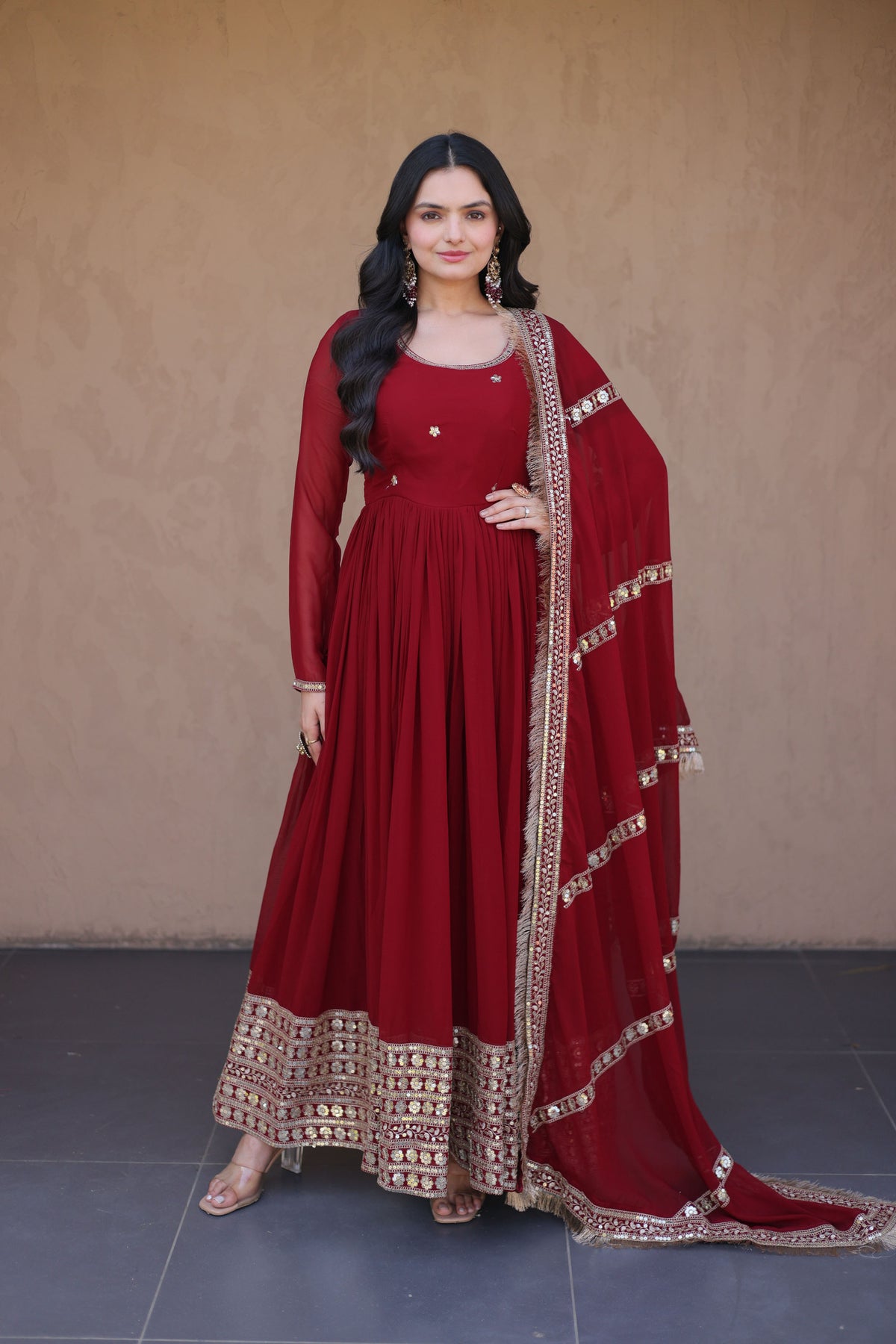 Rushaali Maroon Faux Blooming Gown Set