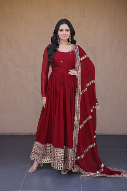 Rushaali Maroon Faux Blooming Gown Set