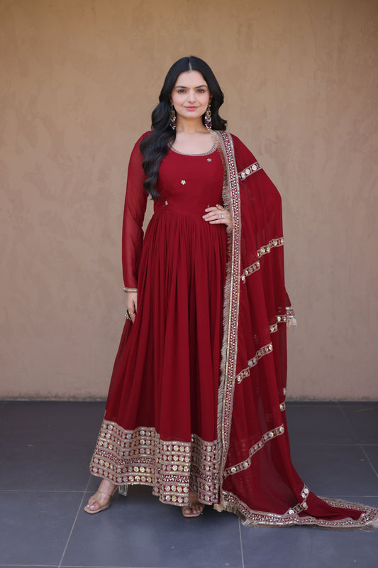 Rushaali Maroon Faux Blooming Gown Set