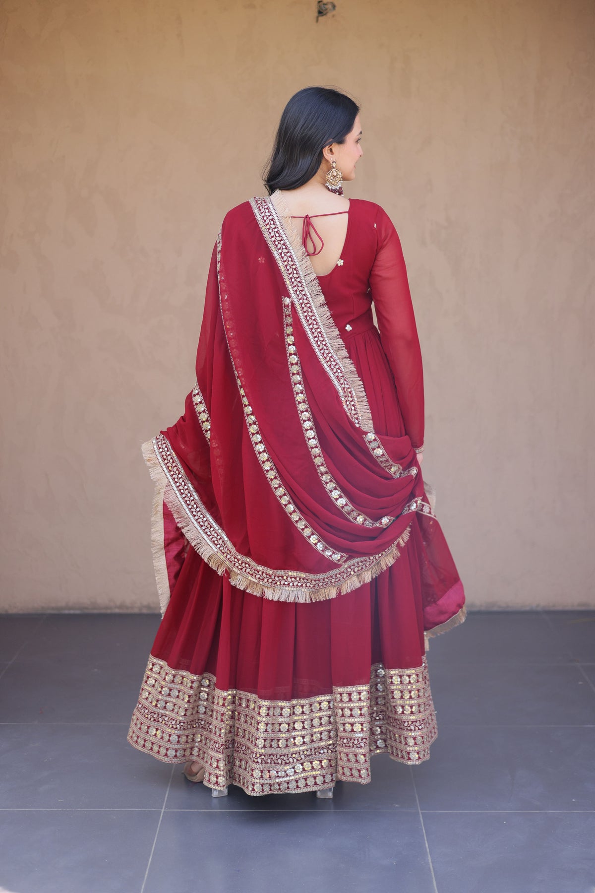 Rushaali Maroon Faux Blooming Gown Set