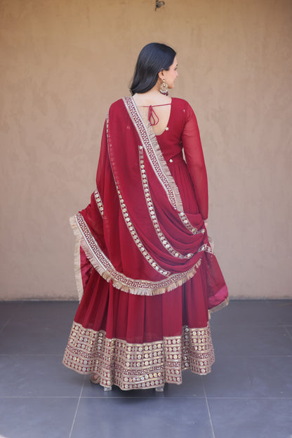 Rushaali Maroon Faux Blooming Gown Set
