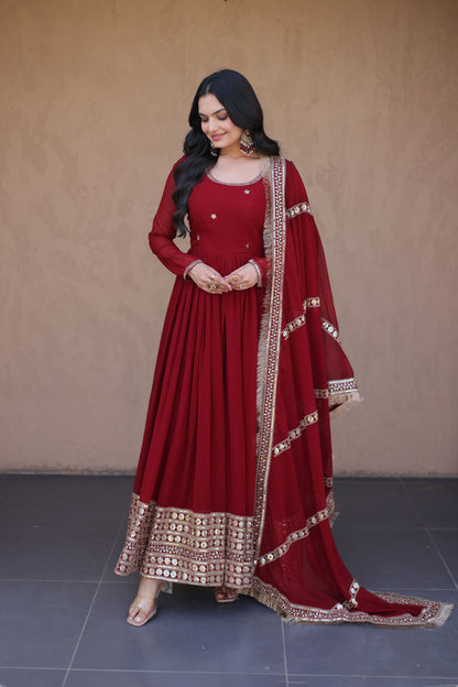 Rushaali Maroon Faux Blooming Gown Set