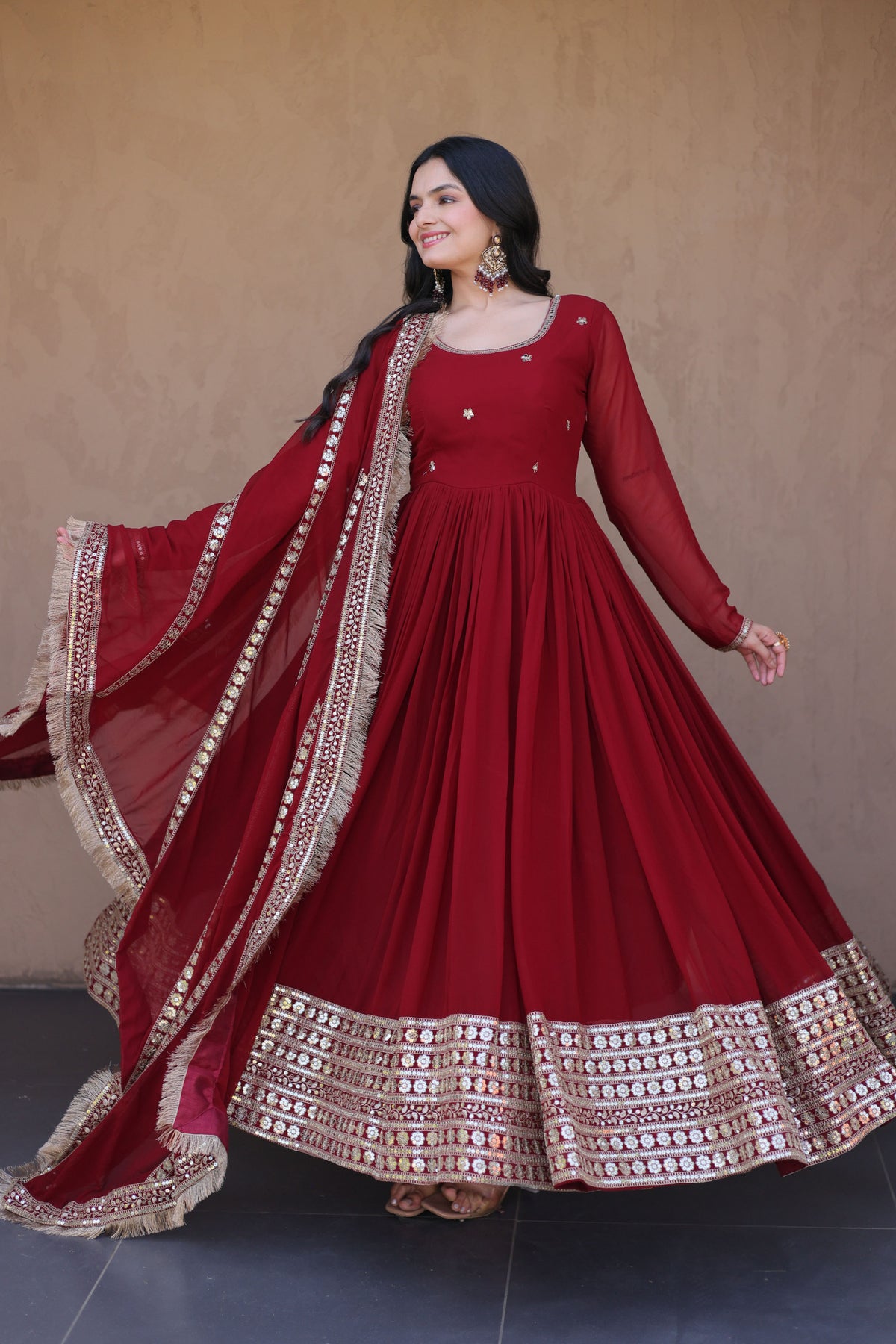 Rushaali Maroon Faux Blooming Gown Set