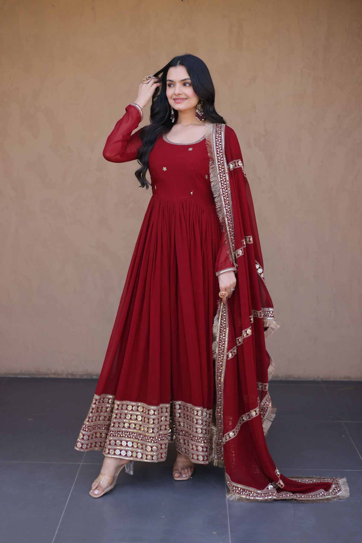 Rushaali Maroon Faux Blooming Gown Set