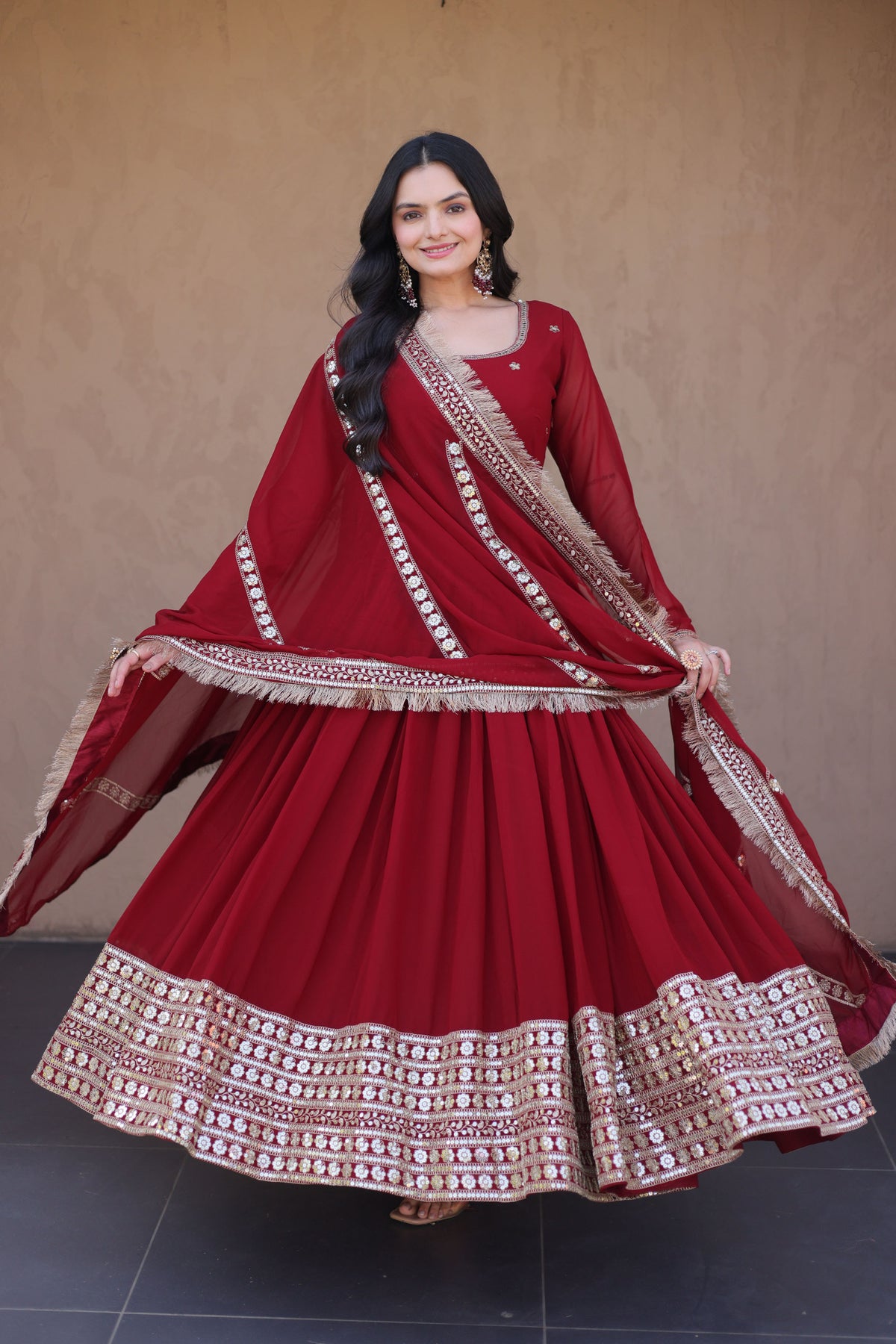 Rushaali Maroon Faux Blooming Gown Set