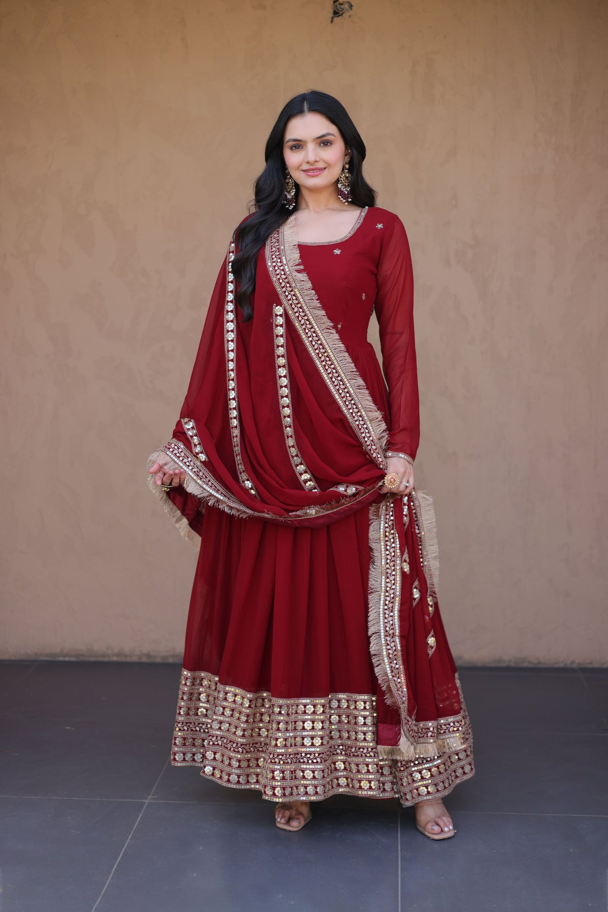 Rushaali Maroon Faux Blooming Gown Set