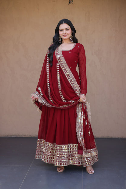 Rushaali Maroon Faux Blooming Gown Set