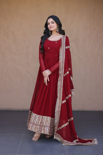 Rushaali Maroon Faux Blooming Gown Set