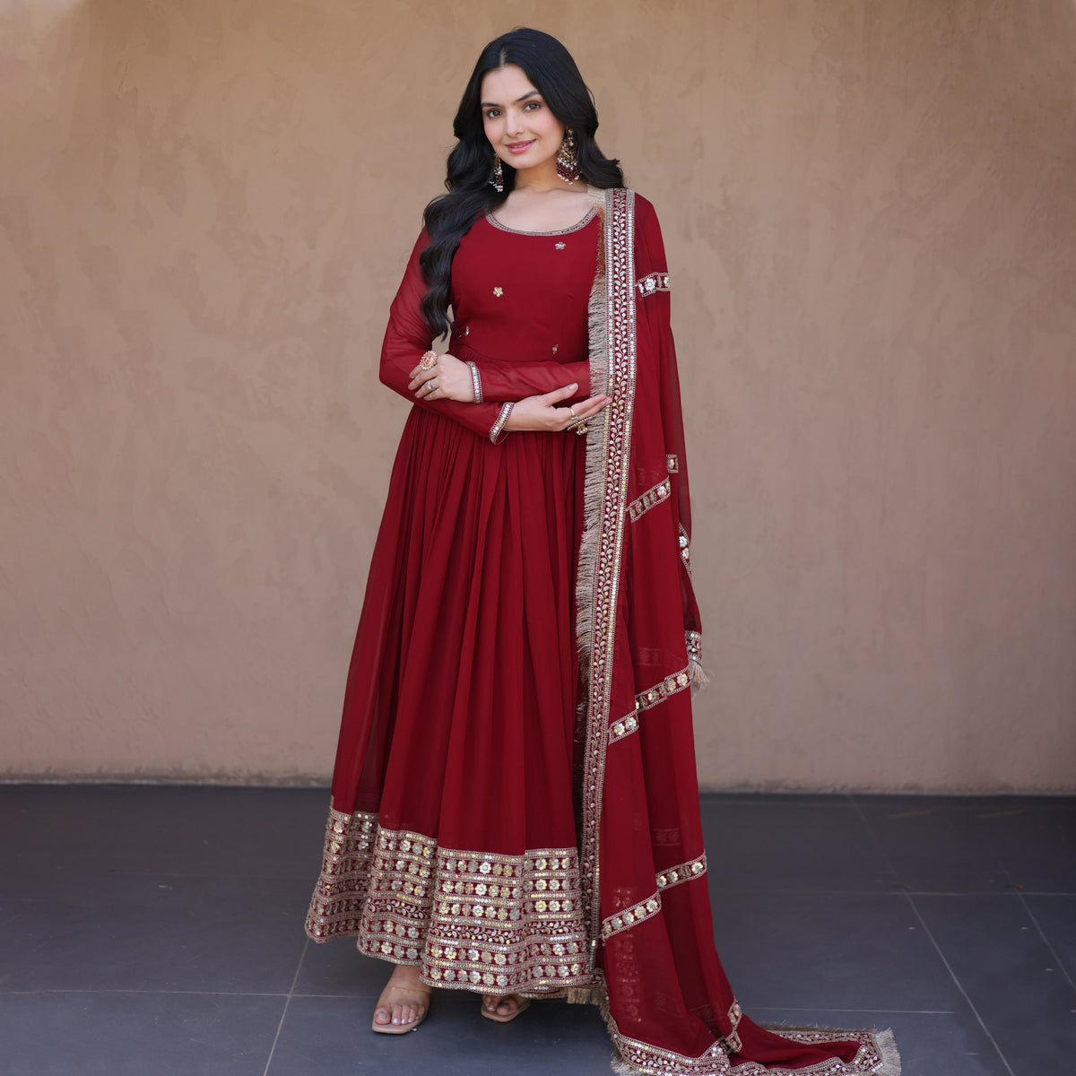 Rushaali Maroon Faux Blooming Gown Set