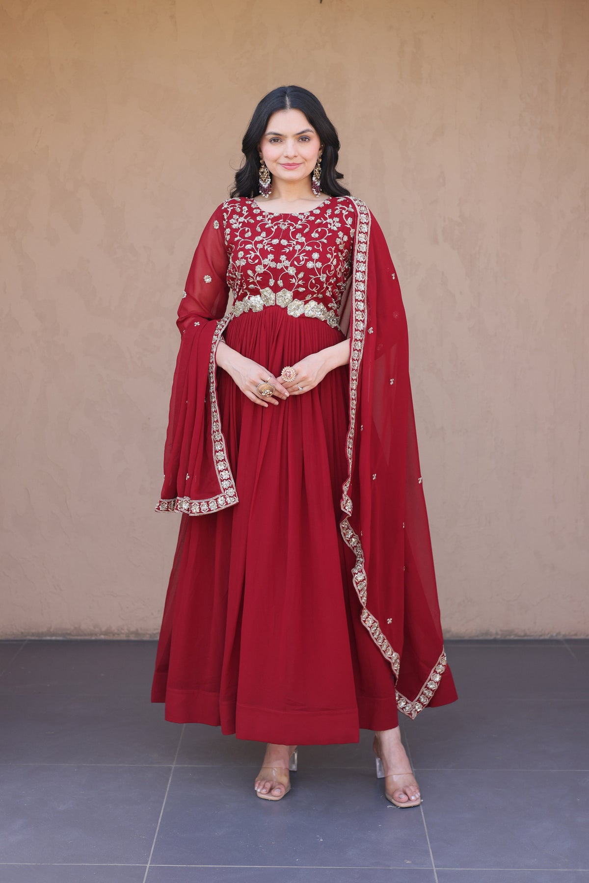 Ishanvi Maroon Floral Faux Blooming Gown Set