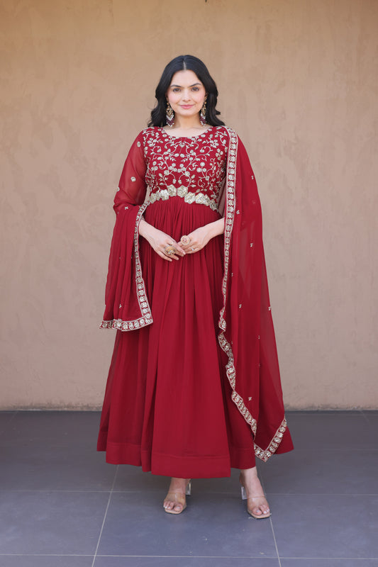 Ishanvi Maroon Floral Faux Blooming Gown Set