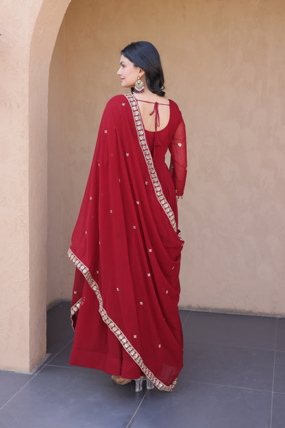 Ishanvi Maroon Floral Faux Blooming Gown Set