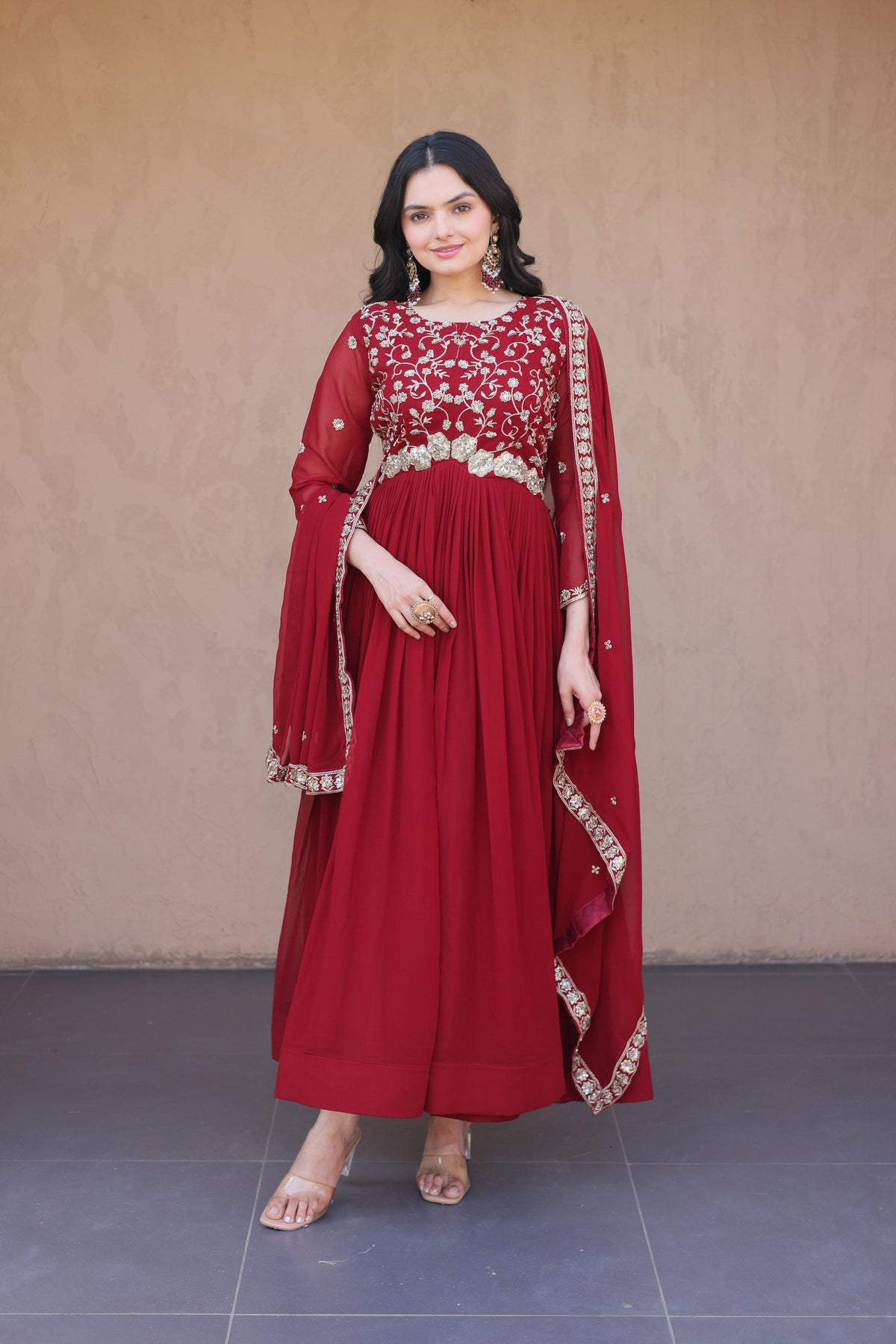 Ishanvi Maroon Floral Faux Blooming Gown Set