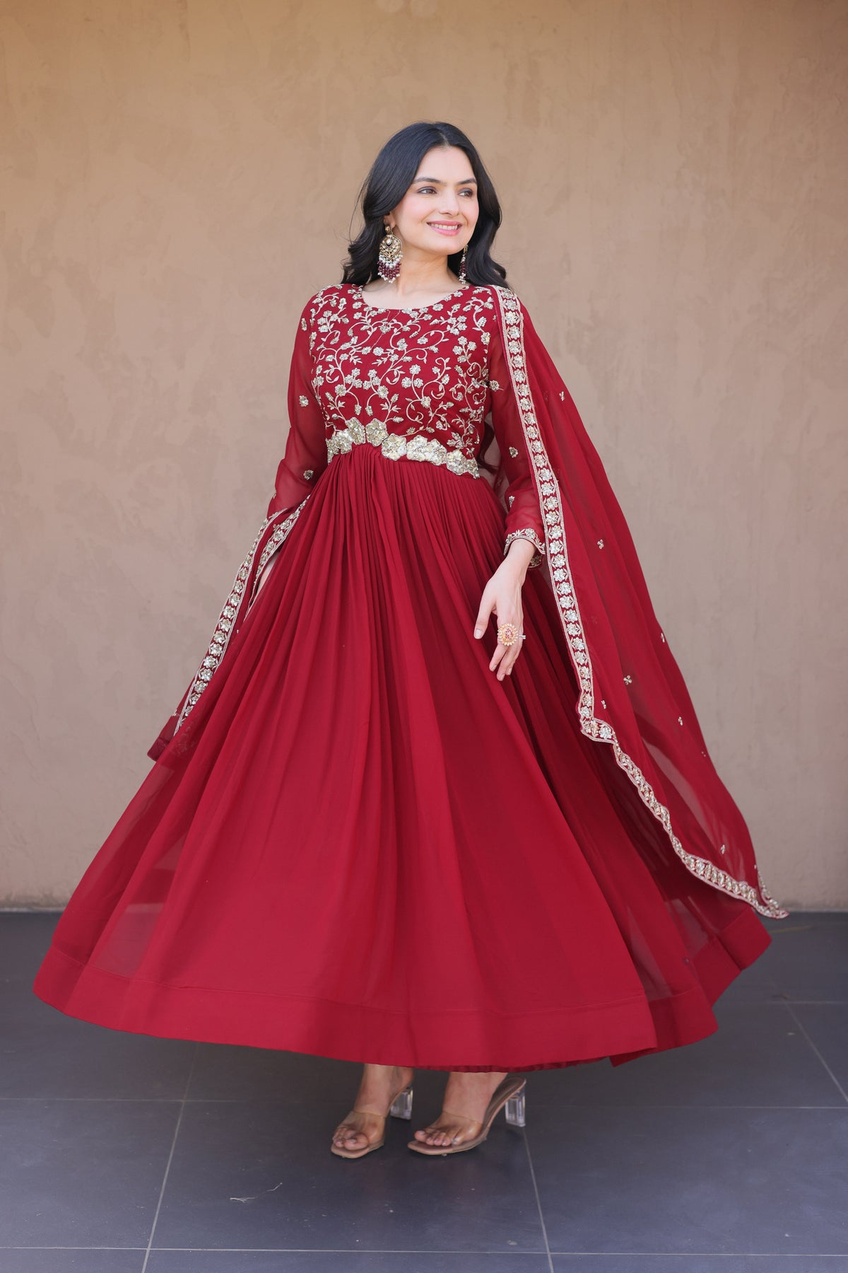 Ishanvi Maroon Floral Faux Blooming Gown Set