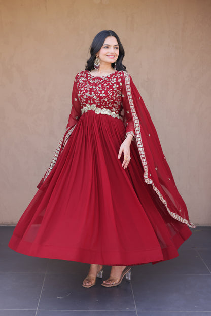 Ishanvi Maroon Floral Faux Blooming Gown Set