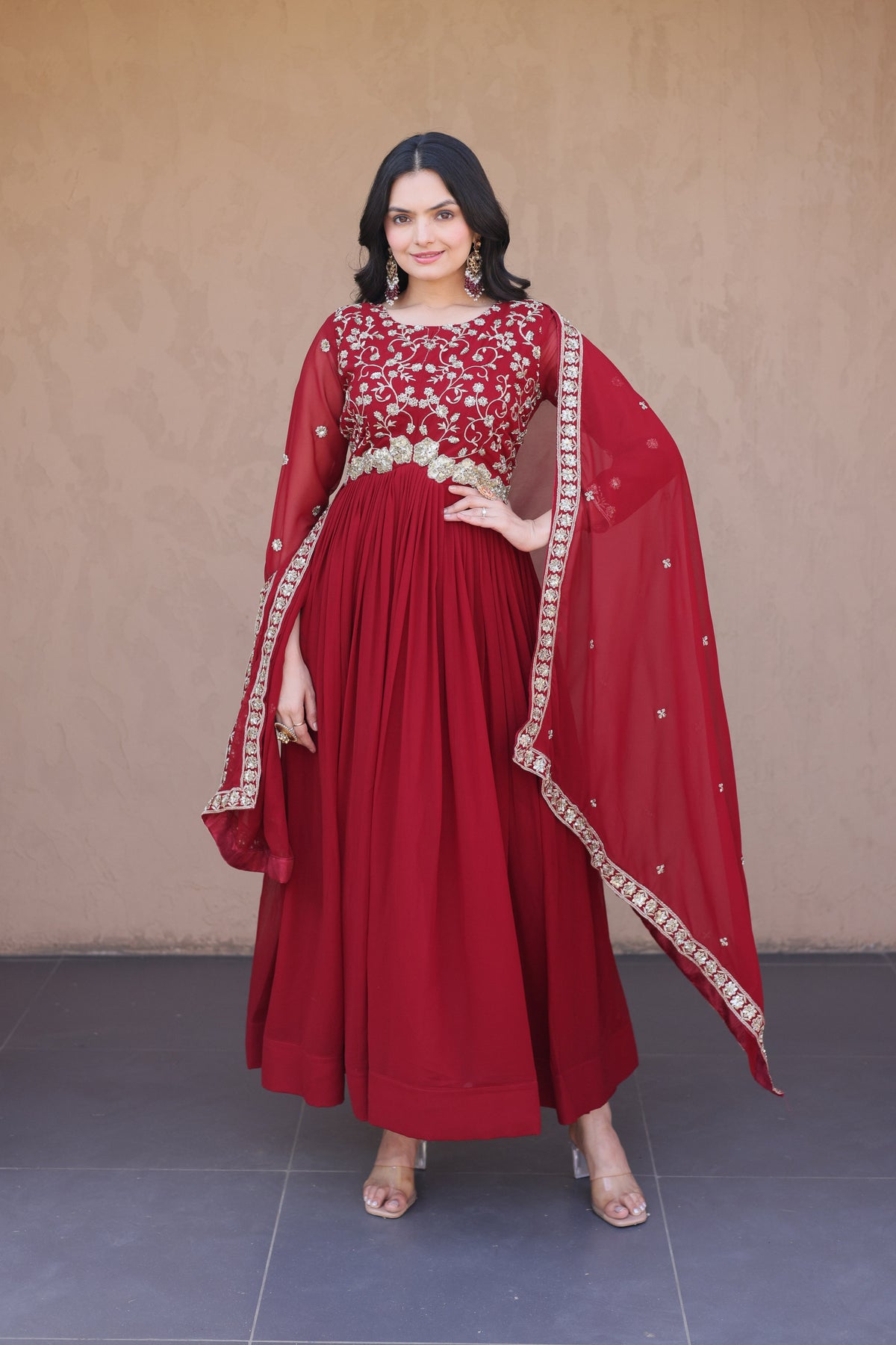 Ishanvi Maroon Floral Faux Blooming Gown Set
