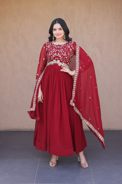 Ishanvi Maroon Floral Faux Blooming Gown Set