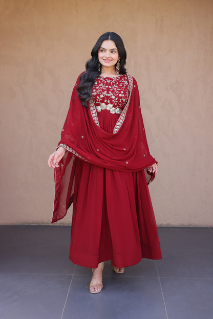 Ishanvi Maroon Floral Faux Blooming Gown Set