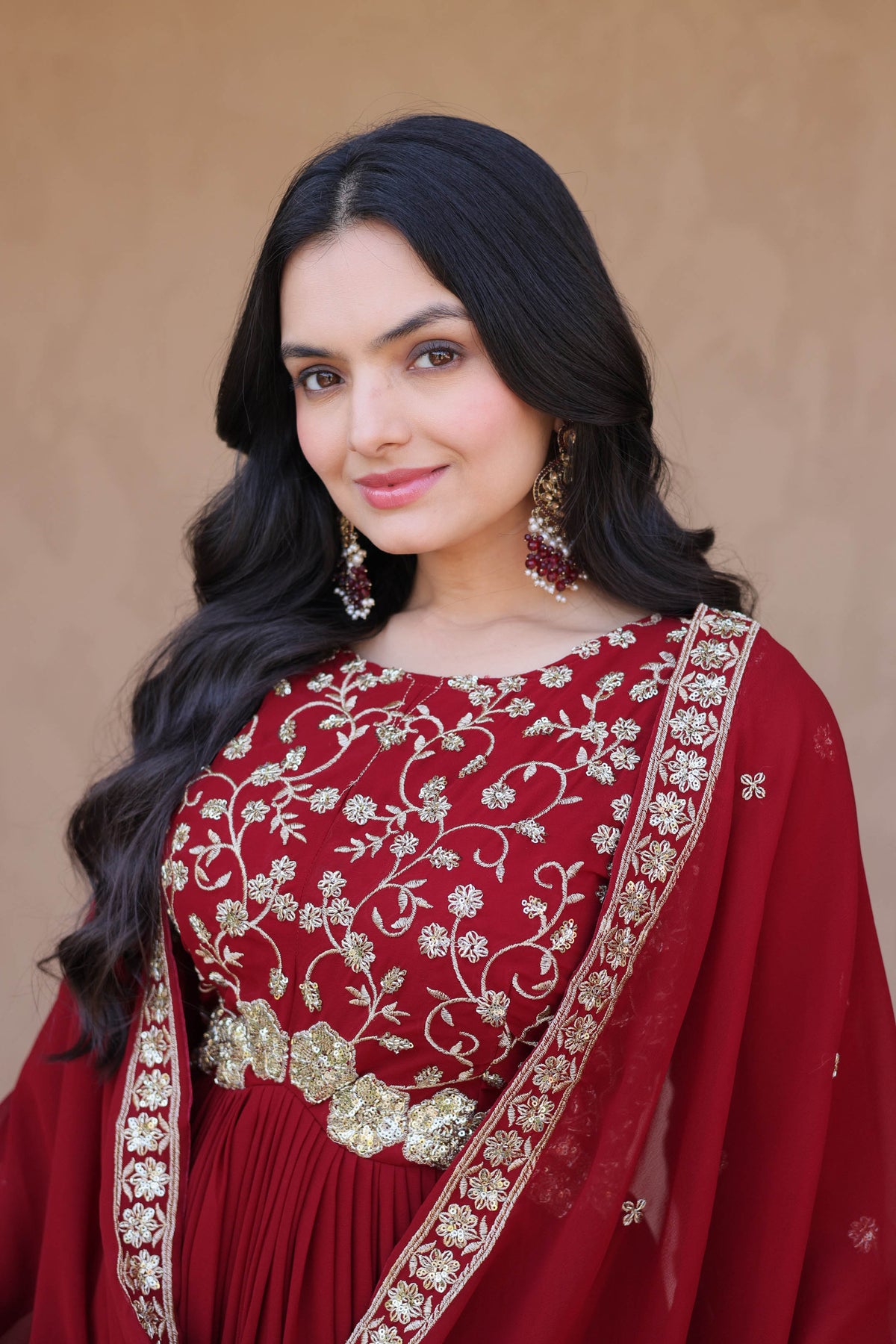 Ishanvi Maroon Floral Faux Blooming Gown Set