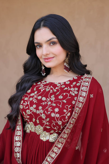 Ishanvi Maroon Floral Faux Blooming Gown Set