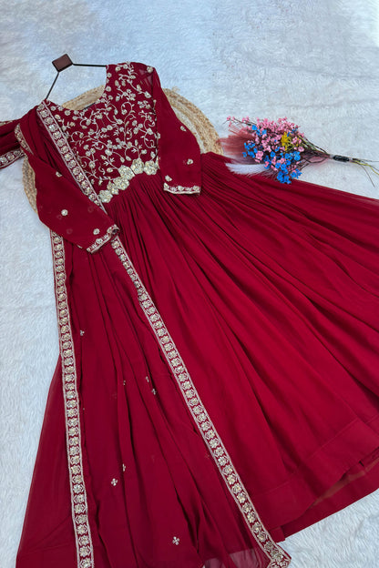 Ishanvi Maroon Floral Faux Blooming Gown Set