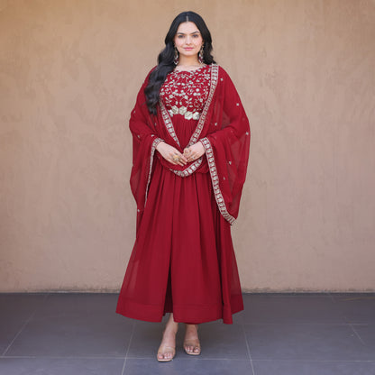 Ishanvi Maroon Floral Faux Blooming Gown Set