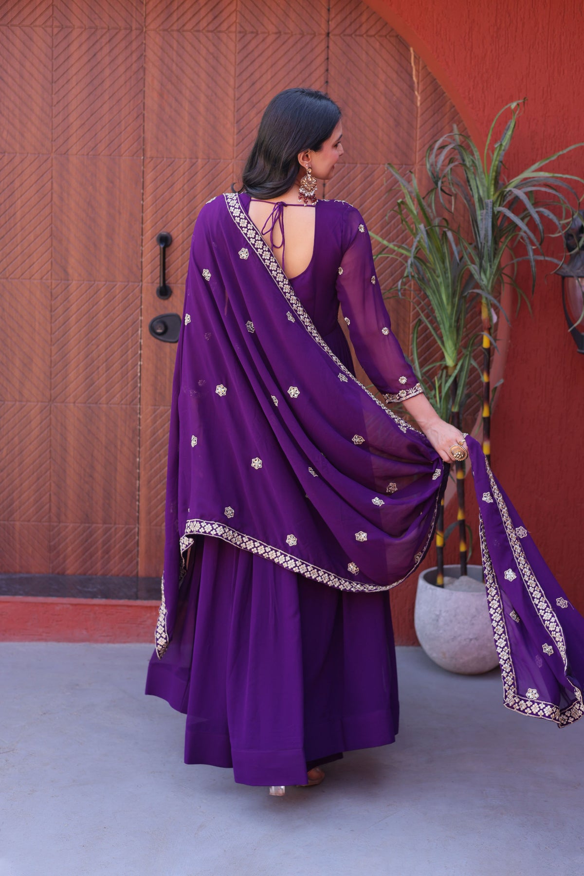 Ishanvi Purple Floral Faux Blooming Gown Set