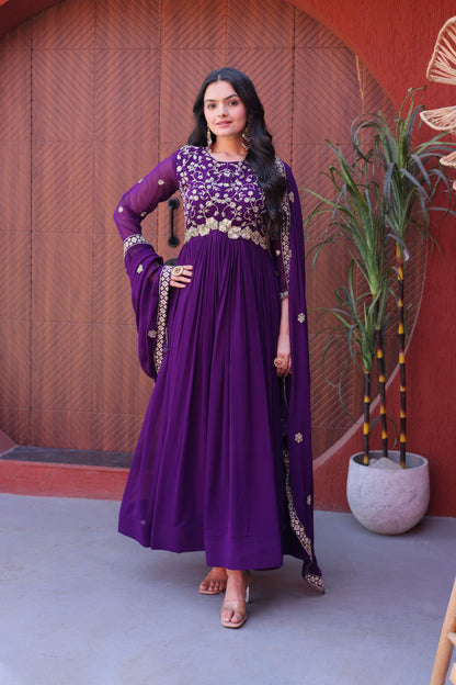 Ishanvi Purple Floral Faux Blooming Gown Set