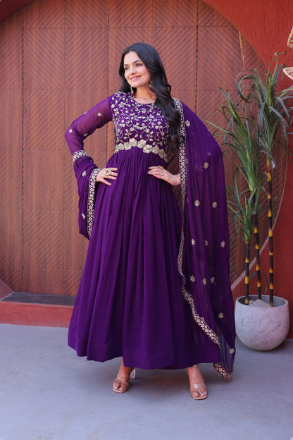 Ishanvi Purple Floral Faux Blooming Gown Set