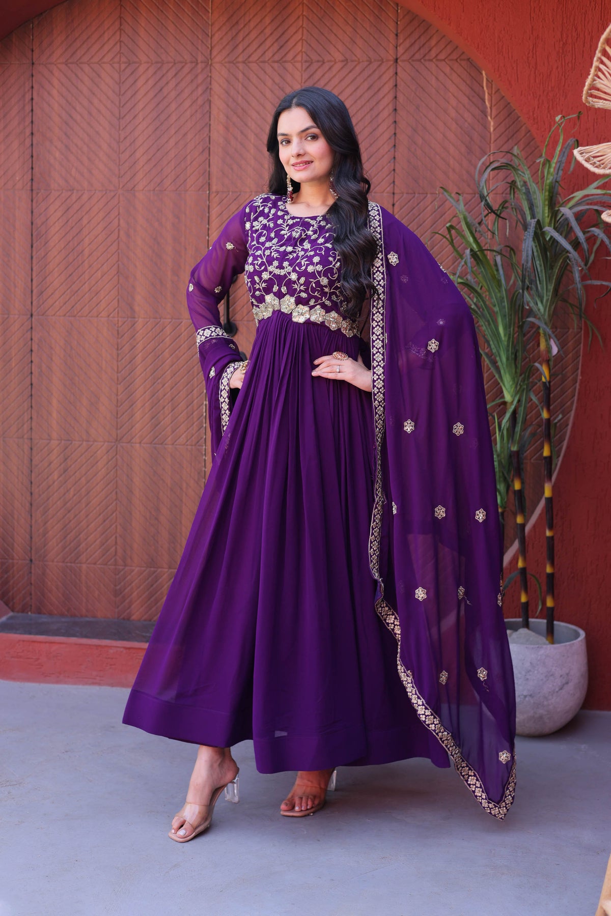 Ishanvi Purple Floral Faux Blooming Gown Set