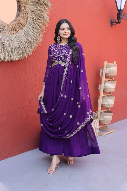 Ishanvi Purple Floral Faux Blooming Gown Set