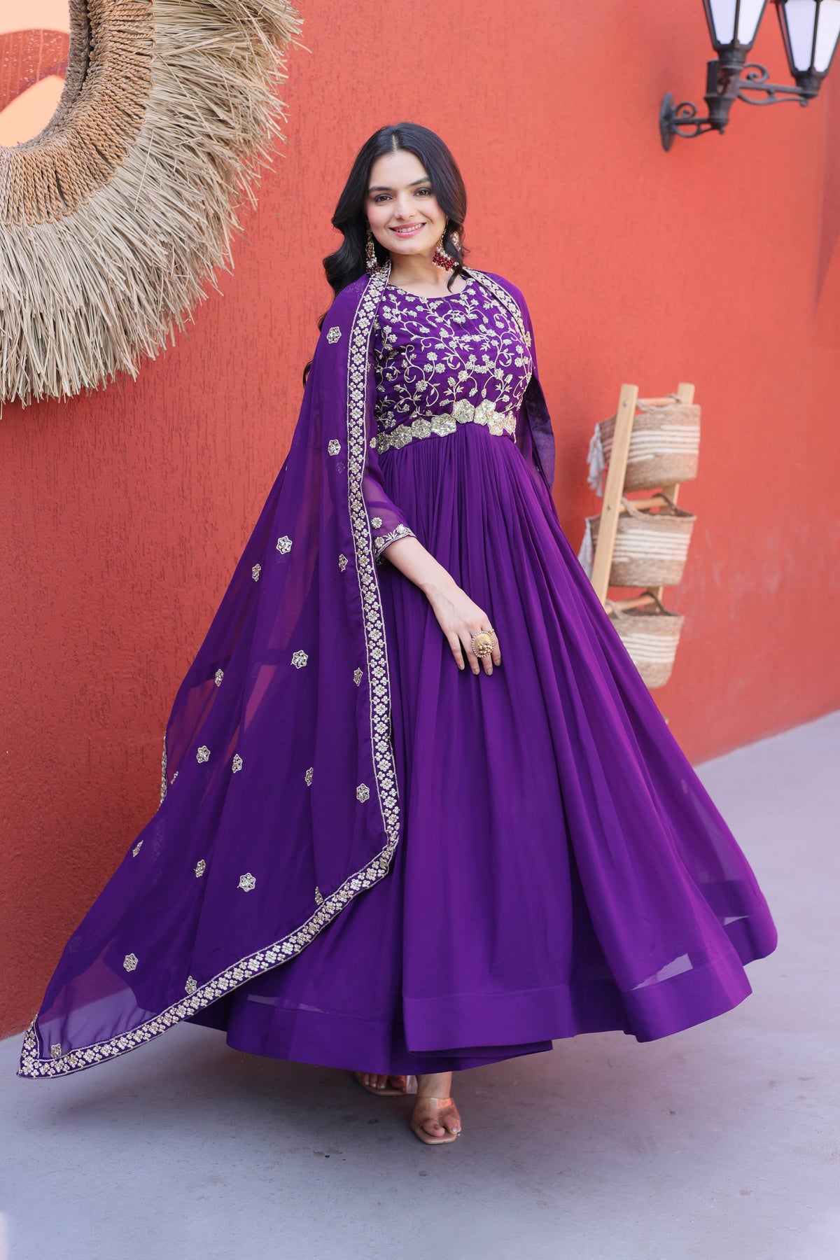 Ishanvi Purple Floral Faux Blooming Gown Set